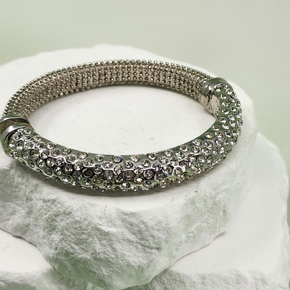 Silver Tone Crystal Pave Stretch Bracelet Rhinestone Glam Statement Sparkle
